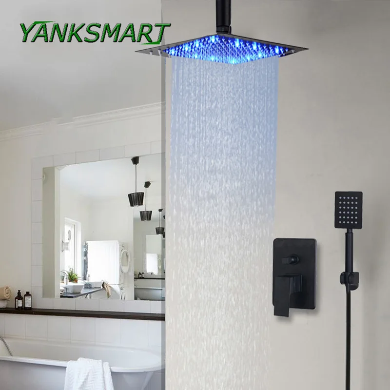 

YANKSMART LED Bathroom Shower Faucet Set 2-Functions Rainfall Shower HeadBlack Brass 8/16 Cold and Hot Mixer Tap W/ Waterfall