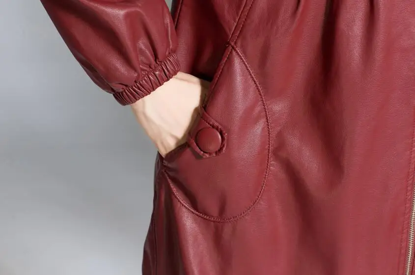 Женская кожаная куртка размера плюс 6XL, новинка, черное кожаное пальто, женская длинная облегающая мотоциклетная кожаная одежда, женская верхняя одежда красного цвета