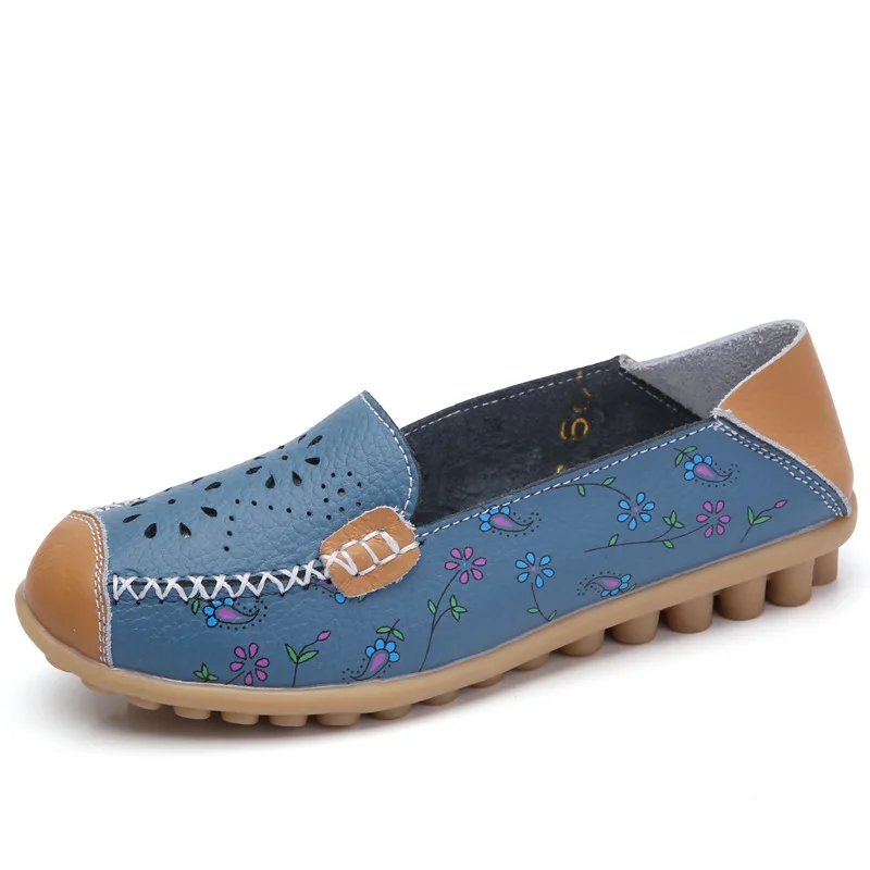 Высококачественная модная женская обувь из натуральной кожи на плоской подошве; Летняя Открытая дышащая обувь с принтом; женские повседневные сандалии на плоской подошве - Цвет: blue