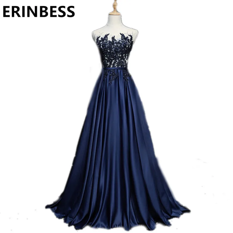 

Robe De Soiree 2019 Navy Blue Evening Dresses Sheer Scoop Neck Beaded Pearls Women Formal Gowns Special Occasion Dress