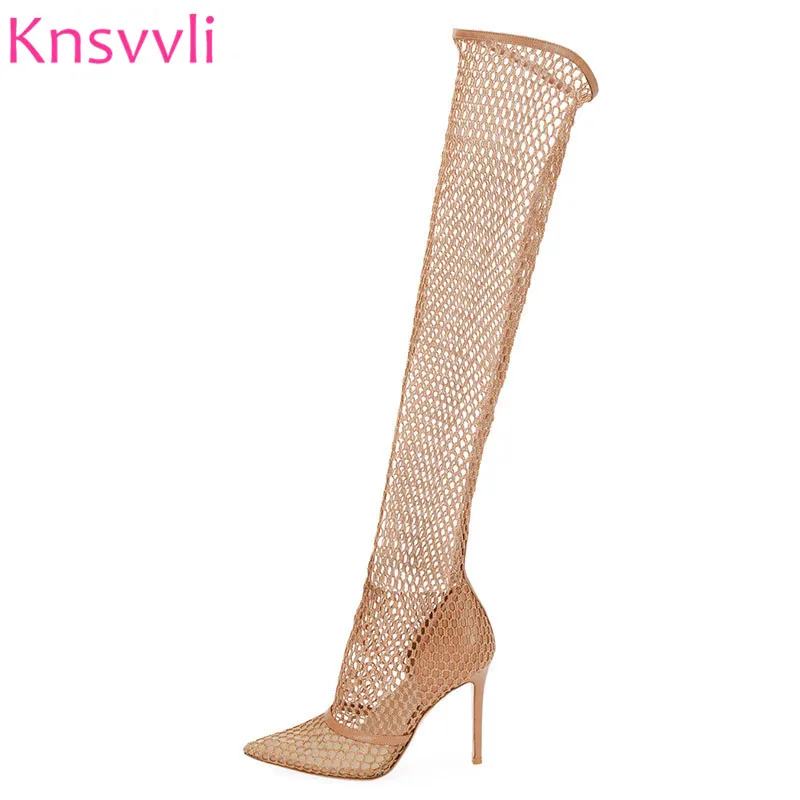 Heels Frau Partei Dünne Schuhe Sandalen Landebahn Sexy Spitz Mesh High Weibliche Ausschnitte Gladiator Apricot Stiefel Frauen Für Sommer pqnwIxTwf6