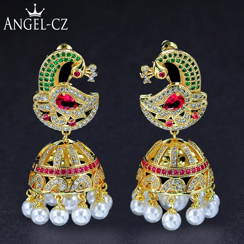 

ANGELCZ Antique Vintage Boho Ethnic Golden Peacock Pave Colorful CZ With Pearl Big Dangle Earrings Statement Party Jewelry AE216