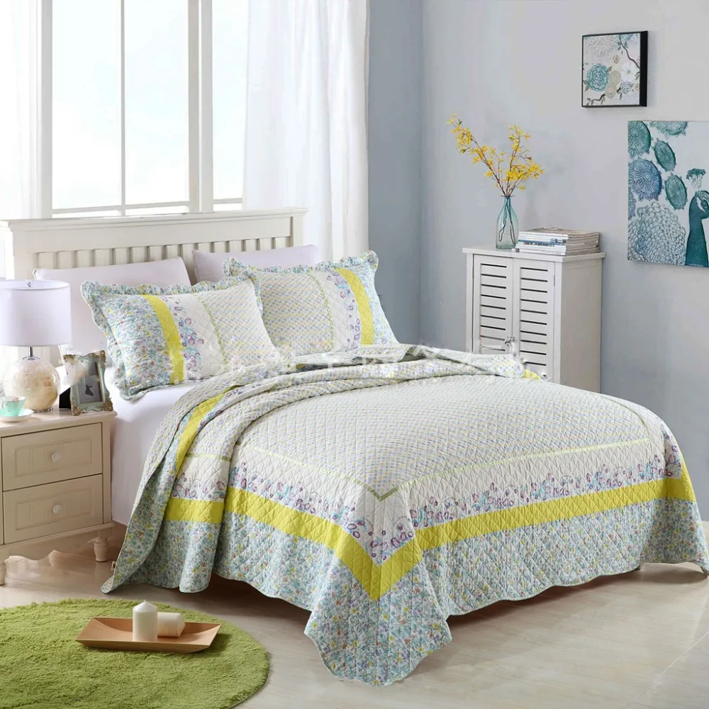 

CHAUSUB Washed Cotton Quilt Set 3PCS Floral Printed Quilts Quilted Bedspread Bed Cover bed sheets Shams Coverlet Set Bedding
