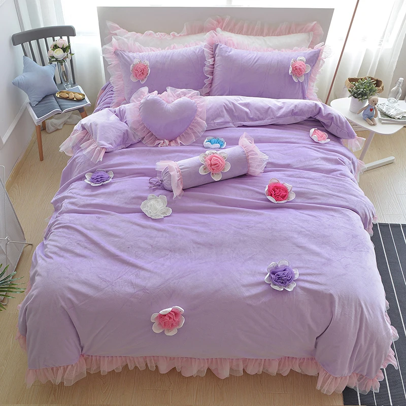 Роскошные зимние постельных принадлежностей теплый флис ткань постельное белье 4/6 шт. в стиле принцессы постельное белье