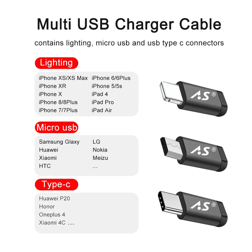 AS 3in1 الهاتف المحمول USB كابل بيانات ل فون المصغّر USB نوع C كابل الشاحن ل Xiaomi هواوي سامسونج كابل شحن سريع 3 M