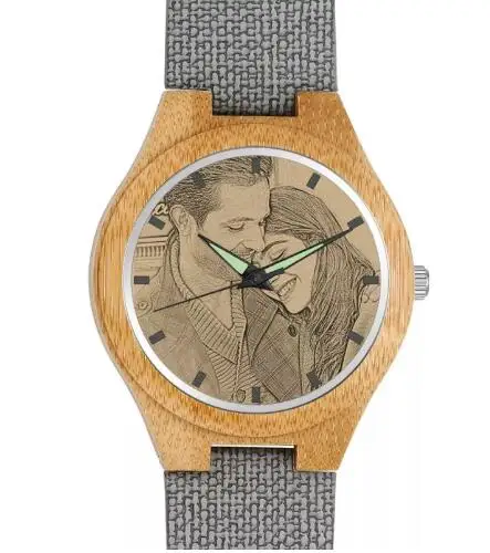 

Women's Engraved Bamboo Photo Watch Grey Leather Strap 40mm HotSale