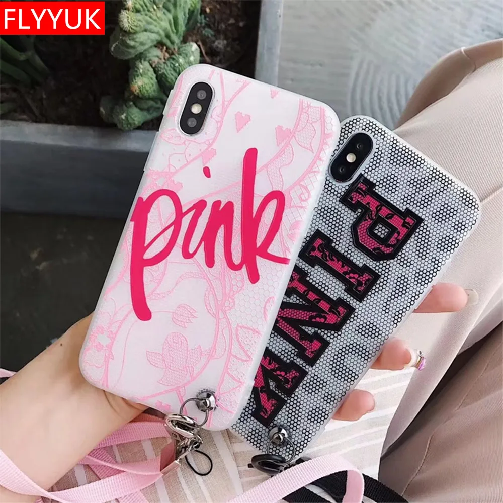 

Candy Grid/dot Grid Phone Case for Iphone 6 6s Plus X Transparent Soft TPU Hand Rope Lanyard PINK for Iphone 7 8 Plus Back Cover