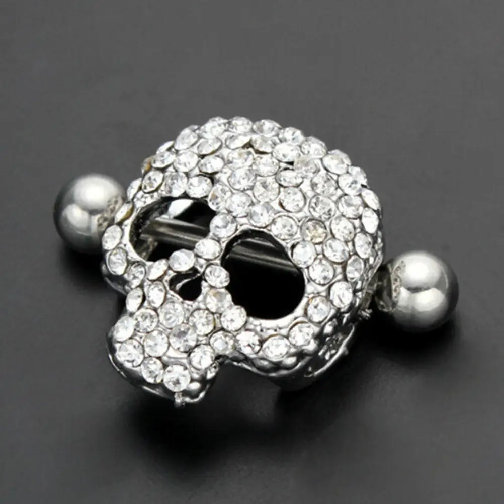 LNRRABC new Crystal Nipple Ring Barbell Piercing Steel Stainless Skull