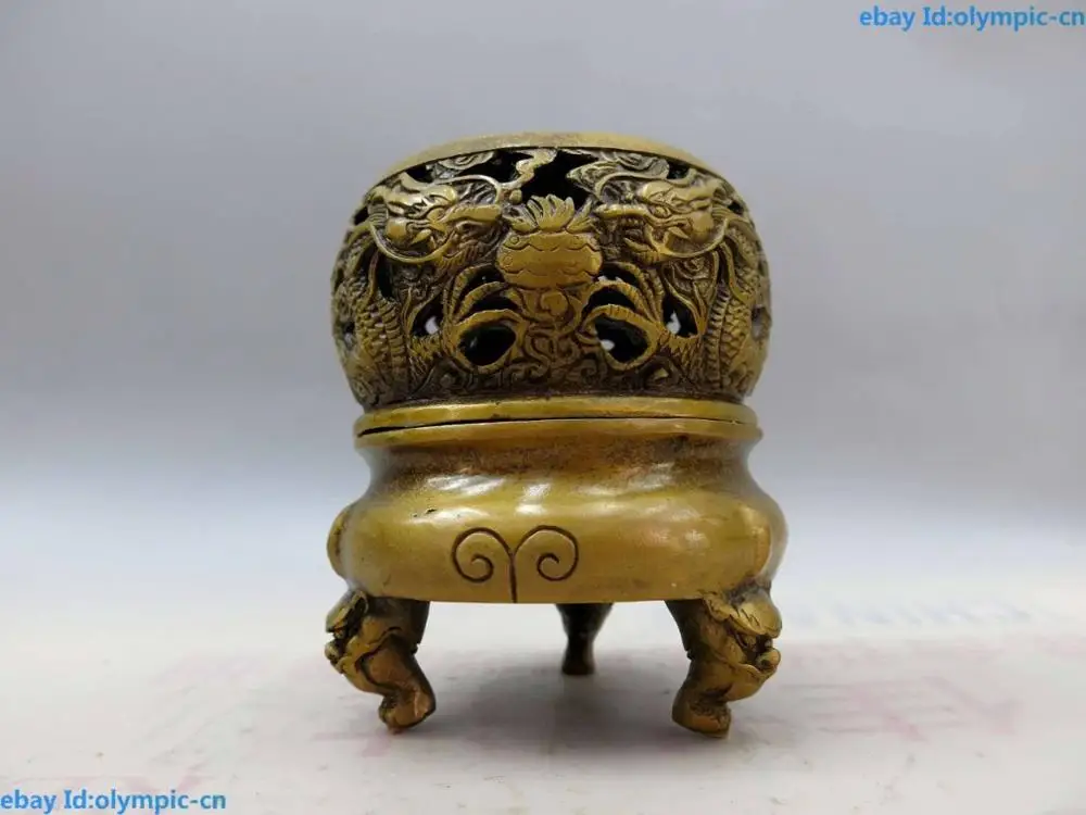 

DS China brass copper carved two dragon play bead and Phoenix Incense Burner Statue