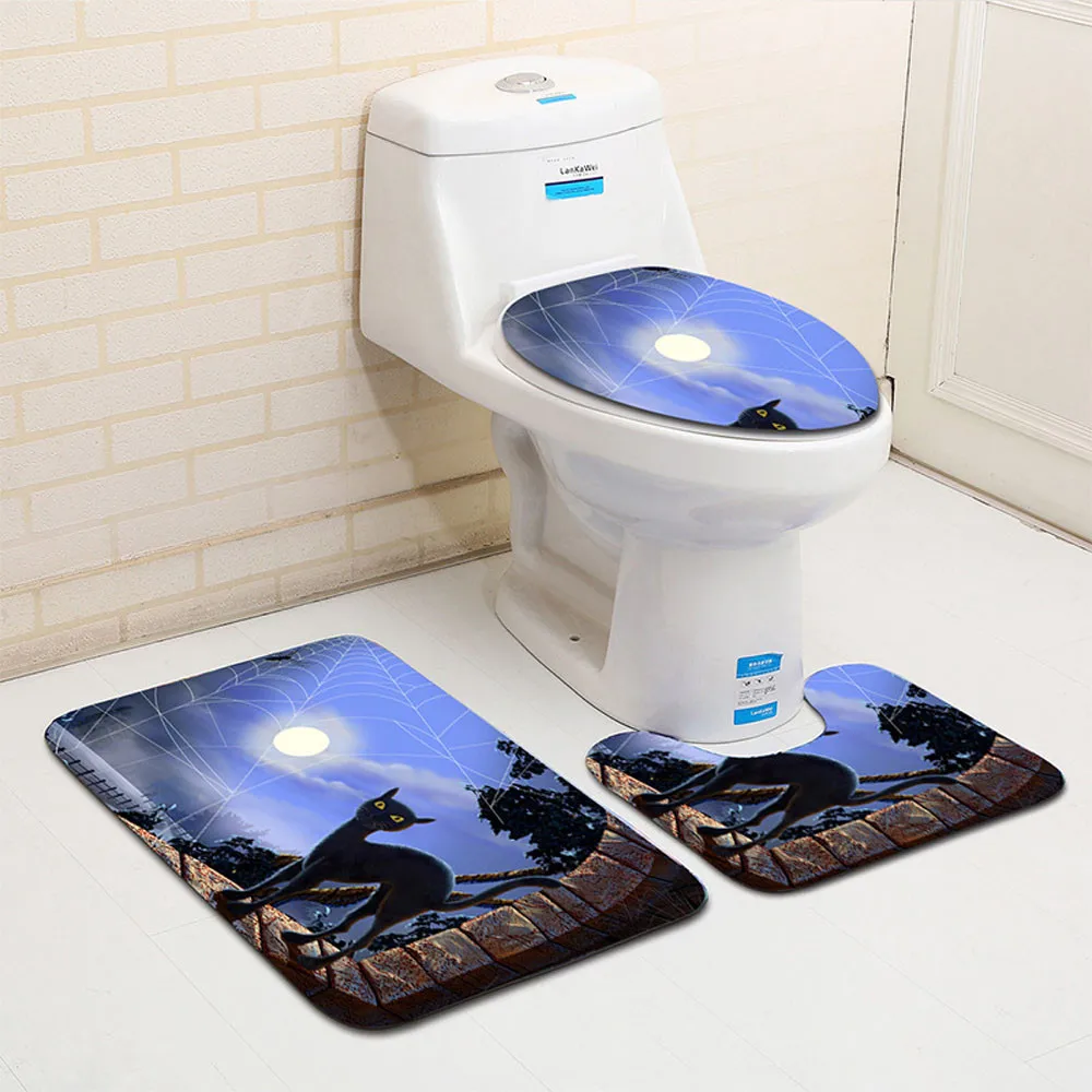 

2018 New Festive toilet seat Halloween Black Cat Toilet Seat Cover and Rug Bathroom Set Halloween Decor Bathroom fun decoration