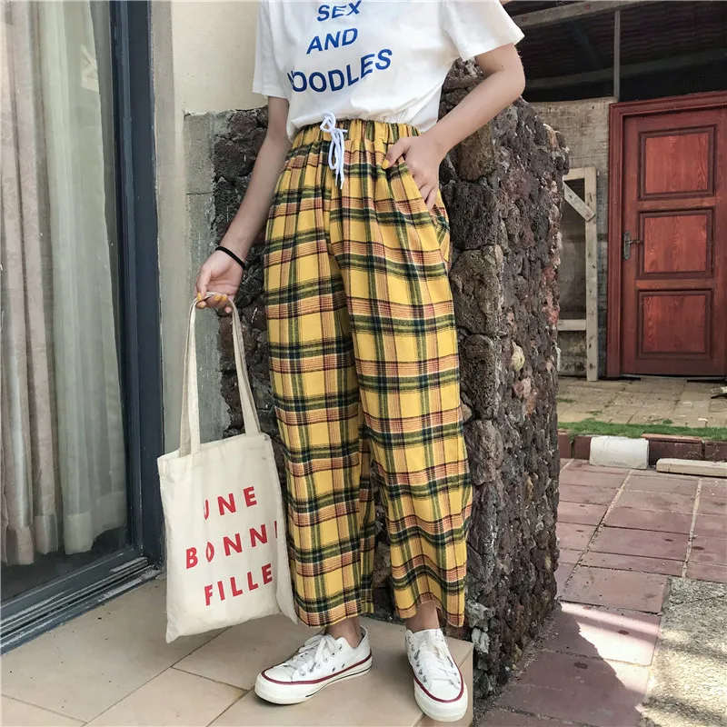 CamKemsey Винтаж желтый плед японский Harajuku летние штаны Для женщин Повседневное Drawstring голеностопного Длина свободные широкие брюки хлопковые