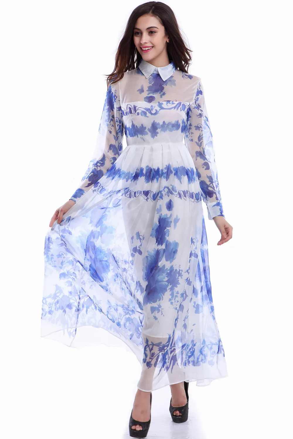 2016 Summer Women Silk Print Dress Chiffon Long Sleeve Dress Blue And White Porcelain Print