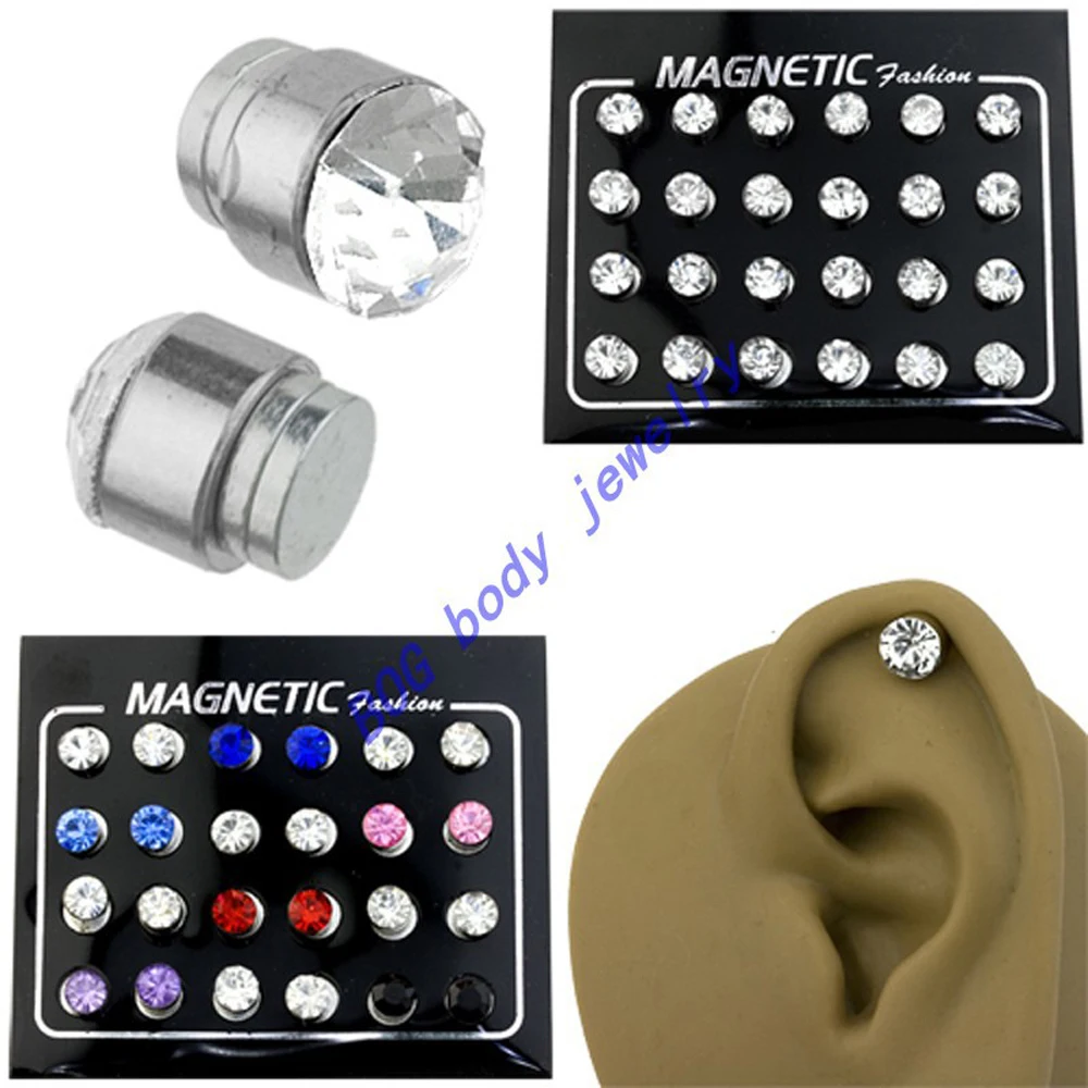 

BOG- 24 pieces Magnetic Round Rhinestone Stud Earring for Men Women, Non-Piercing Clip On Cheater Fake Ear Plugs Body Jewelry