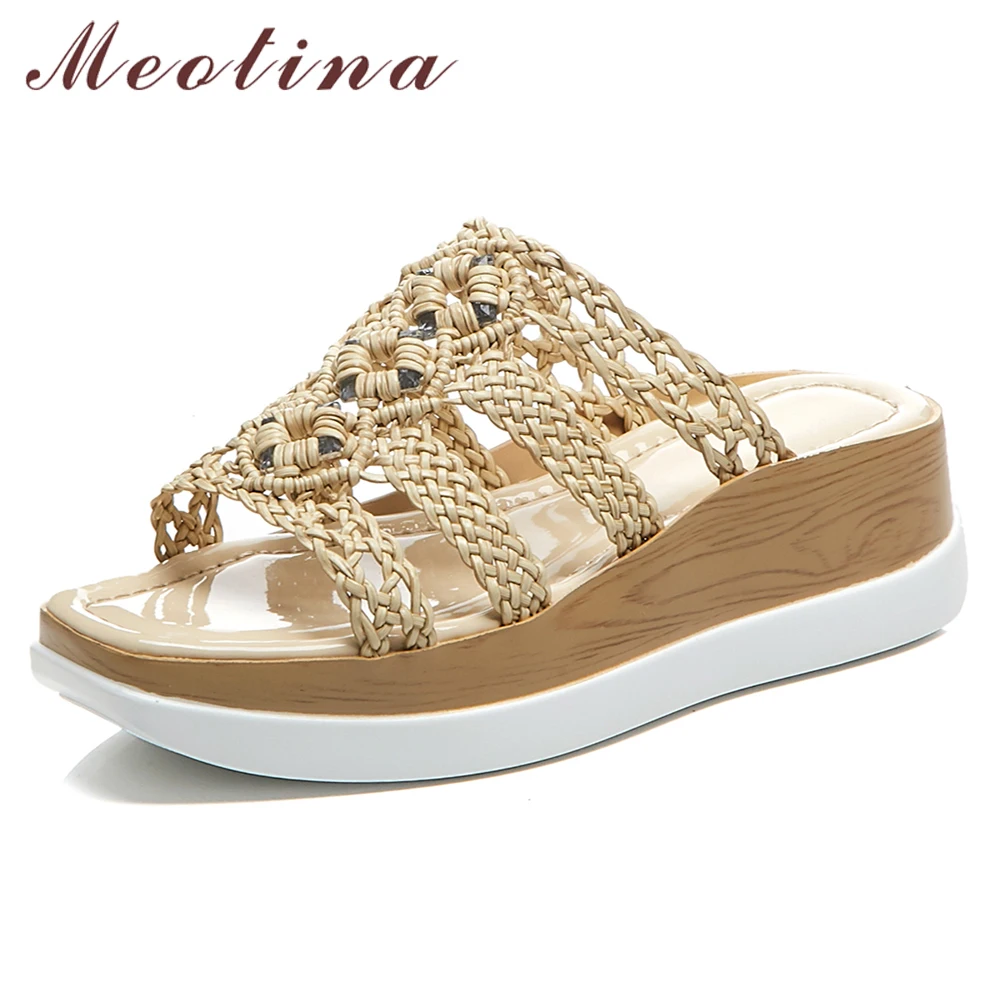 

Meotina Women Slides Summer Shoes Espadrille Platform Wedge High Heel Shoes Crystal Open Toe Slippers Lady Bohemia Sandals 34-39