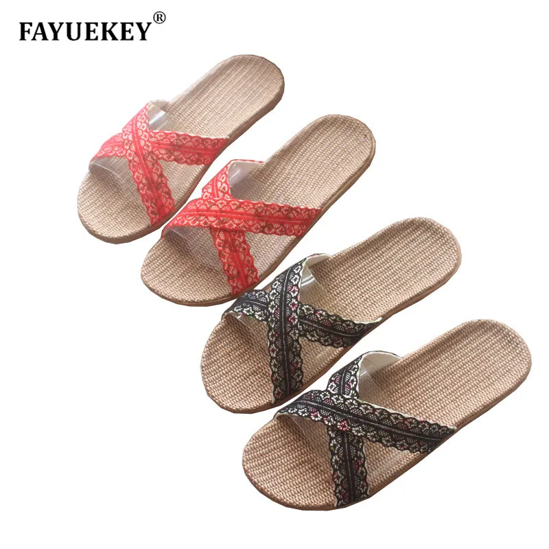 

FAYUEKEY 2019 Summer Women Linen Flax Home Slippers Floor Beach Outdoor Sexy Lace Breathable Non-slip Slides Sandals Flat Shoes