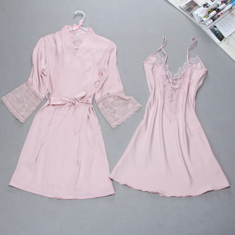 

Sexy Lace Satin Spaghetti Strap Women Robe Sets Crochet V-Neck Sashes Lingerie Female Nightgown Summer Solid Mini Nighdress Suit