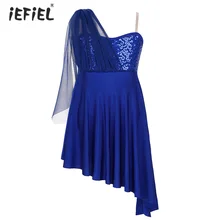 Iefiel для детей девочек балетное платье Одежда для танцев с блестками и боковой Разделение и асимметричным подолом платье лиричная современный платье для танцев с со вшитыми шортами