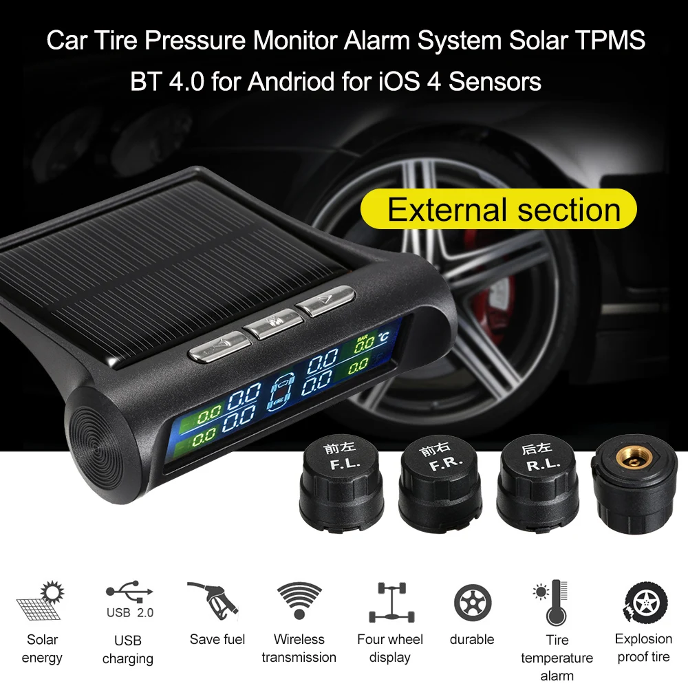Car Tire Pressure Monitor Alarm System Solar TPMS BT 4.0 for Andriod for iOS 4 Sensors tpms Styling alarm for Chevrolet Cruze vw tp630 tpms car smart bluetooth tpms tire pressure psi bar temperature alarm system for android for ios 4 sensors