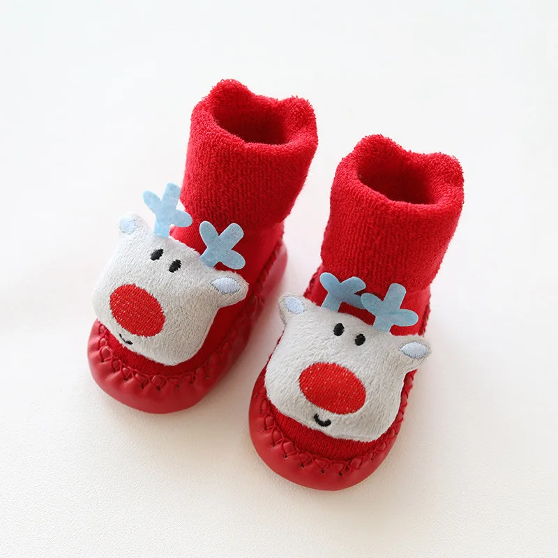 Новогодняя махровая утолщенная детская обувь с мультипликационным принтом осенне-зимние детские носки рождественские детские Нескользящие красные носки-тапочки для малышей - Цвет: Blue Deer