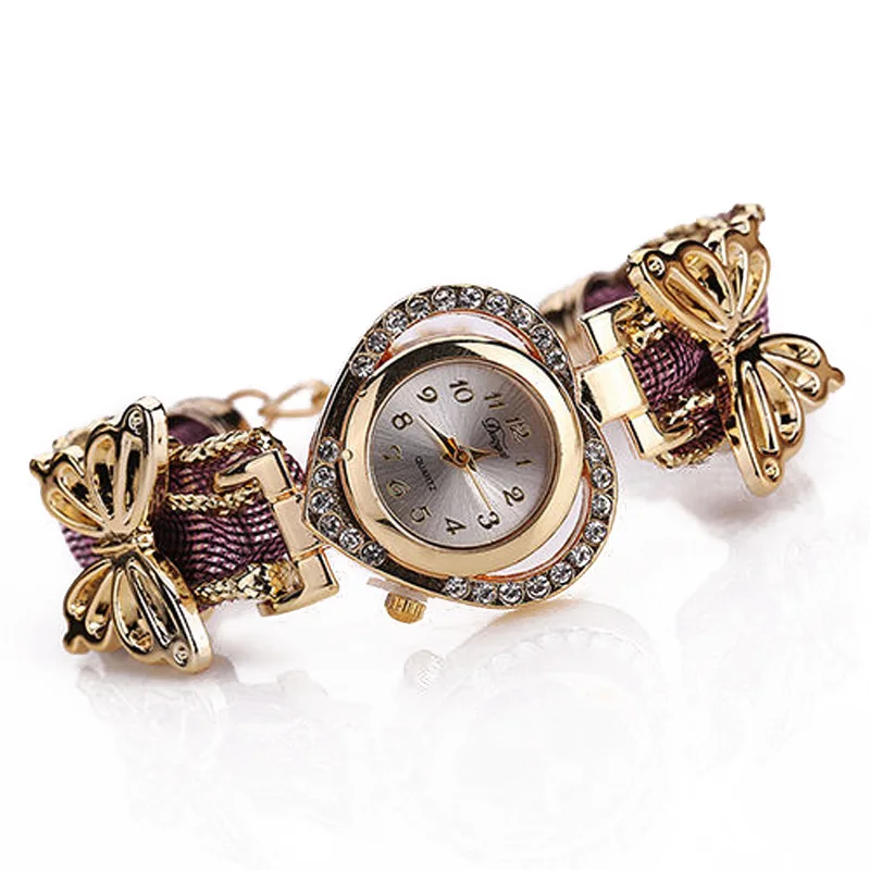 Summer Style Gold Watch Luxury Brand Crystal Heart Watch Women Butterfly Braided Rope Wristwatch Ladies Bracelet Watch Clock