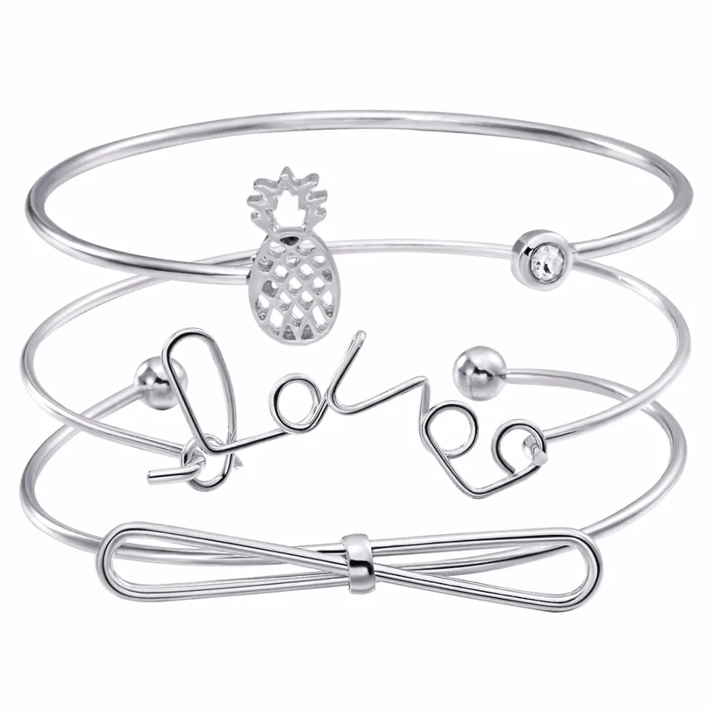 

trendy women silver color heart bangles sets pineapple charm bracelets metal bracelets set for women