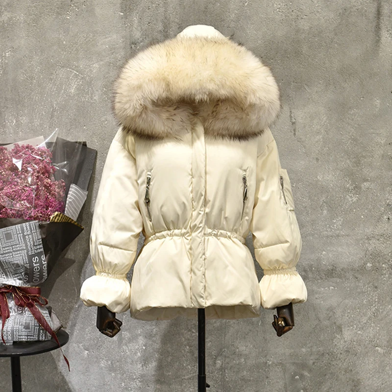 White Down Jacket For Women Cold Winter Warm Big Fur Collar Hooded