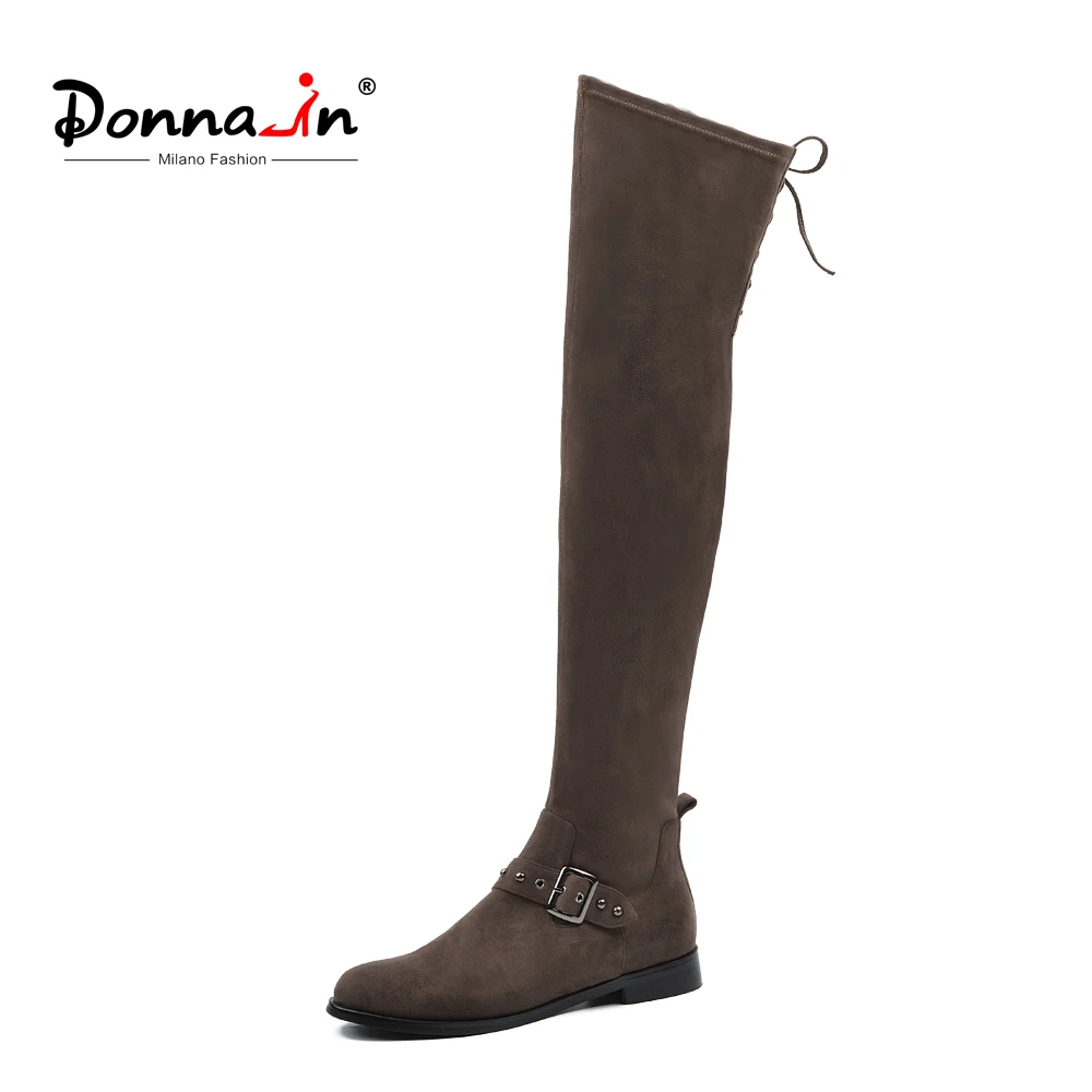 

Donna-in Winter Autumn Thigh High Boots Women High Knee Boots Low Heels Round Toe Lace Up Zip Strap Comfortable Ladies Shoes