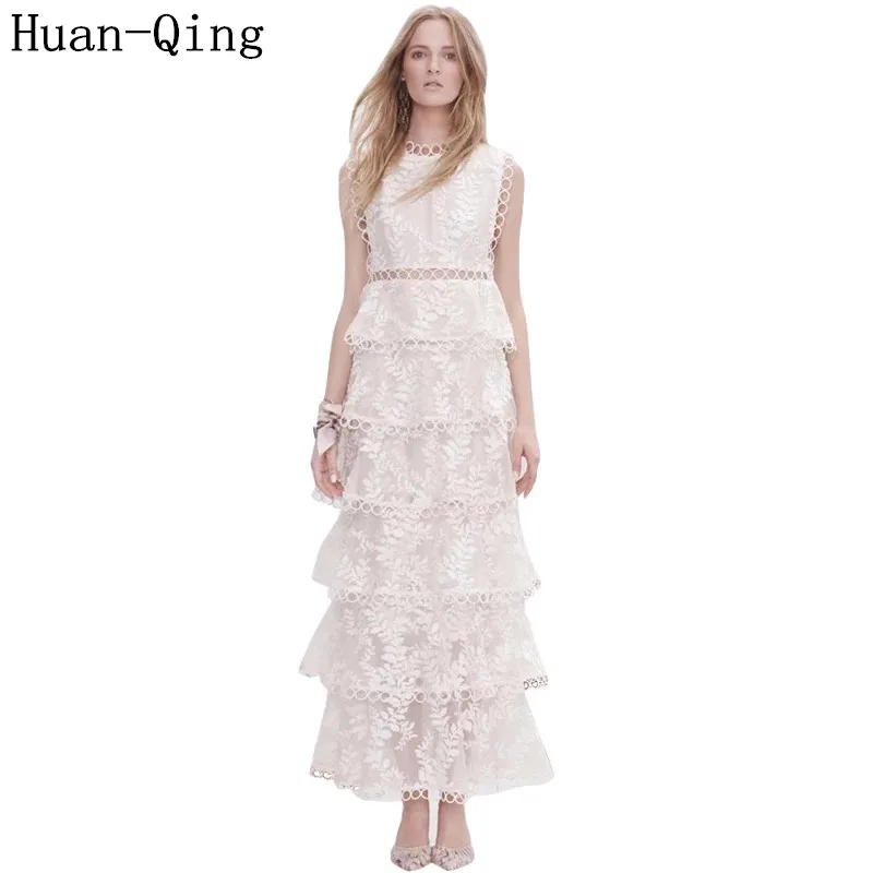 

New Runway Women Sexy Mesh Lace Embroidery White Vest Dress Ladies Sleeveless Tank Ruffles Layered Cake Party Dress Vestidos