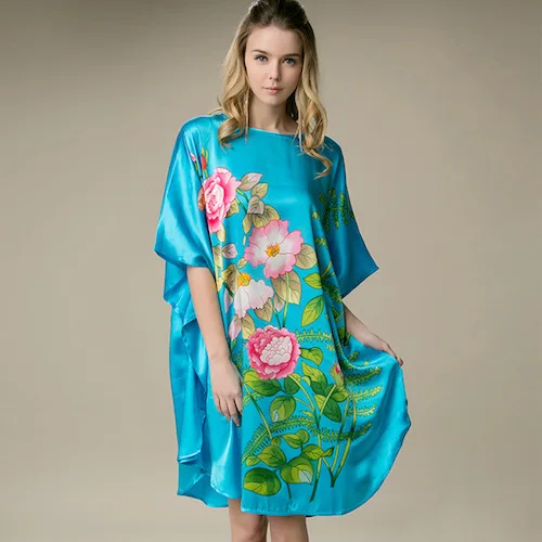 Шелковое атласное платье из натурального шелка тутового шелка женские платья плюс размер домашнее платье картина ручной работы платье светло-голубого цвета - Цвет: 01C