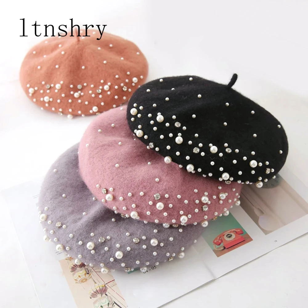 

2019 New Wool Women Winter Berets Luxury Pearl Rivet Vintage Cashmere Female Warm Vogue Beret Hats Girls Flat Cap Painter Cap