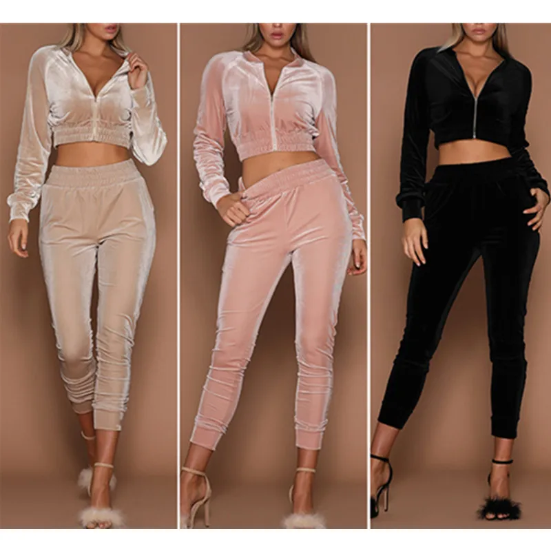 

Velvet Sexy 2 Piece Set Women Crop Top With Shorts Set Long Sleeve Zipper Autumn Slim Casual Jumpsuit TWO Piece Set W3