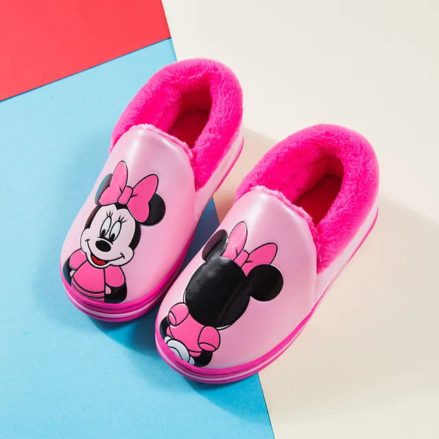 

Disney Children Indoor Slippers Big Girls PU Home Slippers Winter Warm Shoes Children Barefoot Home Cute Shoes High Heels