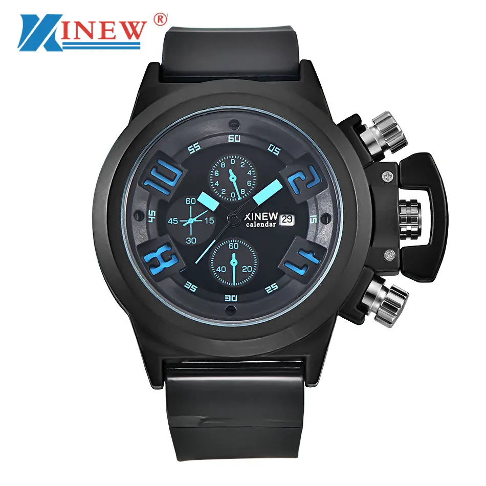 

XINEW New Men Watch Sport Watch Mens Date Chronograph Analog Quartz Wristwatch Silicone Waterproof Luxury Military Watch reloj