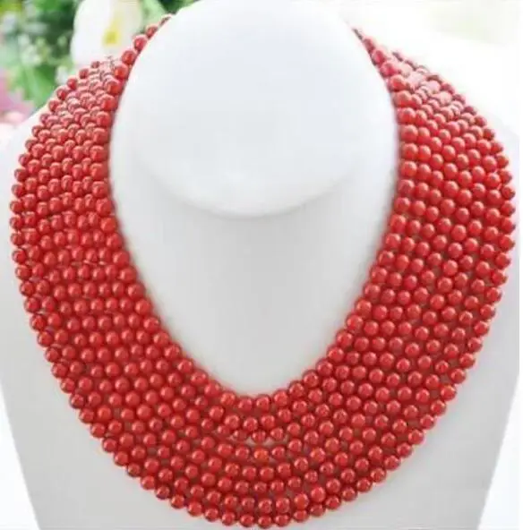 100INCH AAA 8MM RED CORAL NECKLACE YELLOW CLASP