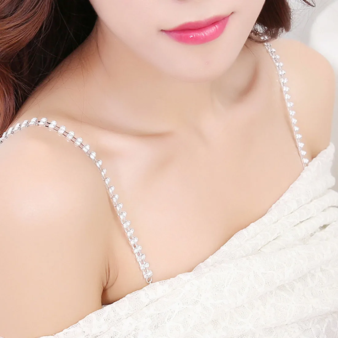 1 Pair Transparent Clear Women Bra Strap 2 Rows Crystal Prom