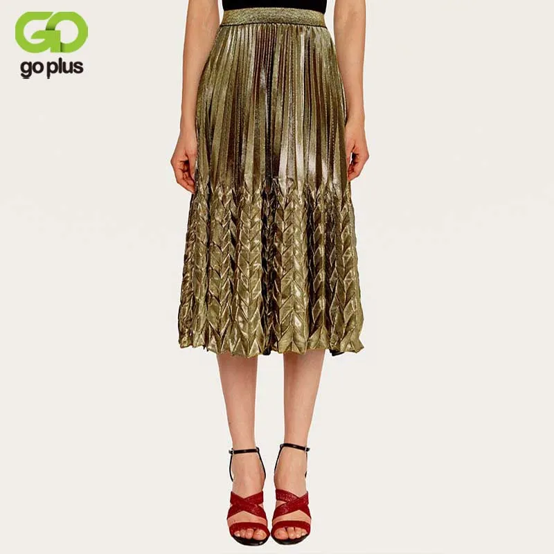 

GOPLUS Shiny Metallic Midi Length Pleated Skirts Spring Autumn Women Elastic Waist Mermaid Skirt High Waist Long Skirt C6222