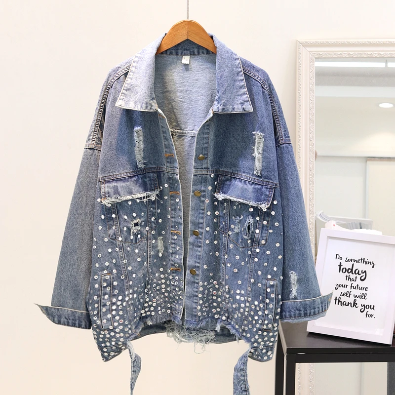 Veste Manches Longues Tops Vestes Cassé Ulzzang Lourd Lâche 2018 L'europe Femme De Paillettes Et Bleu Trou Femelle L'automne Denim À Manteaux Femmes TxUHUg