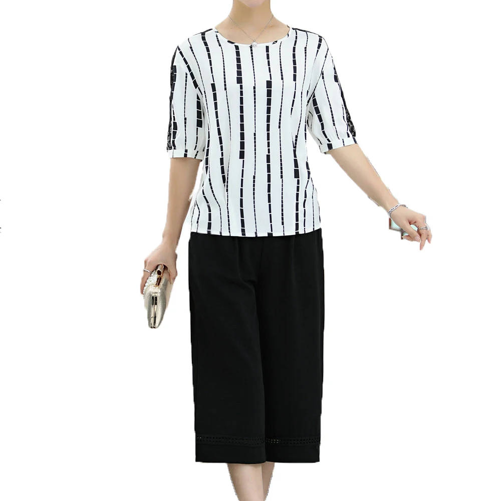 

2019 Summer 2 Piece Set Women Chiffon Blouse And Cropped Pant Set Two Pieces Pants Suit Woman Twinset Outfits Female Clothings