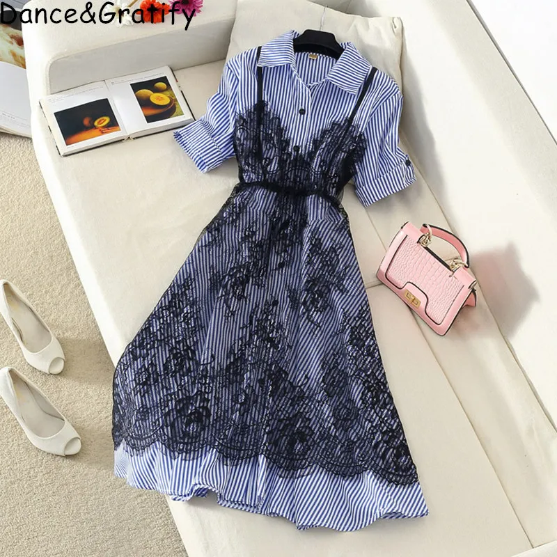 

Summer New 2019 Turn-down Collar Striped Shirt Dress Women Short Sleeve Office Work Dress Free Lace Camisole