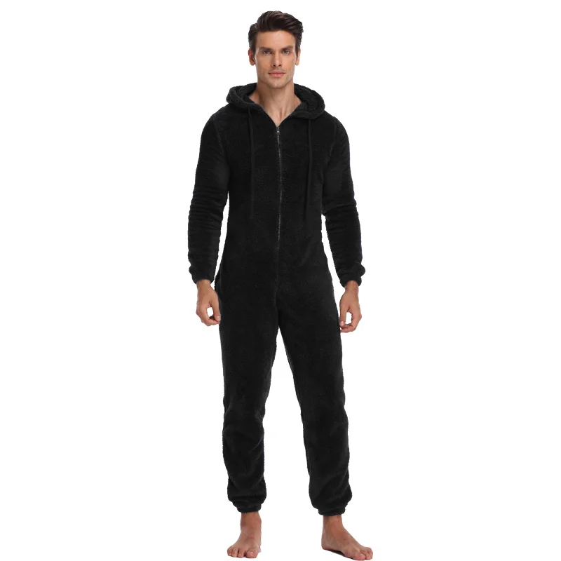 Men Winter Warm Teddy Fleece Stitch Onesie Fluffy Sleepwear One Piece Sleep Lounge Pajama Jumpsuits Hooded Onesies For  Men