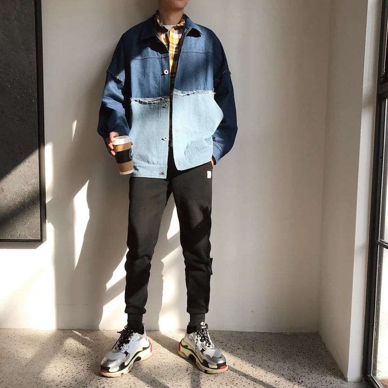 2018 New Men's Casual Bomber Streetwear Denim Jacket Male Spelling Color Cowboy Outerwear Loose Clothes Hip Hop Style Coats 2XL