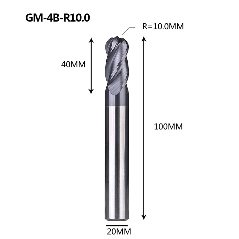 1 шт. GM-4B твердого карбида вольфрама 4 флейты сферическая Концевая фреза с ЧПУ Фрезерный резак режущие инструменты для обработки металла профиль HRC45 - Длина режущей кромки: GM-4B-R10.0