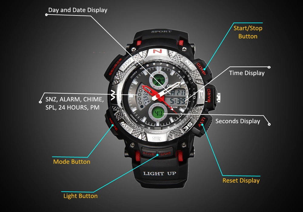 Модные кварцевые электронные наручные часы OHSEN, мужские спортивные часы, мужские часы с резиновым ремешком и будильником, аналоговые цифровые часы с хронографом, Relogio