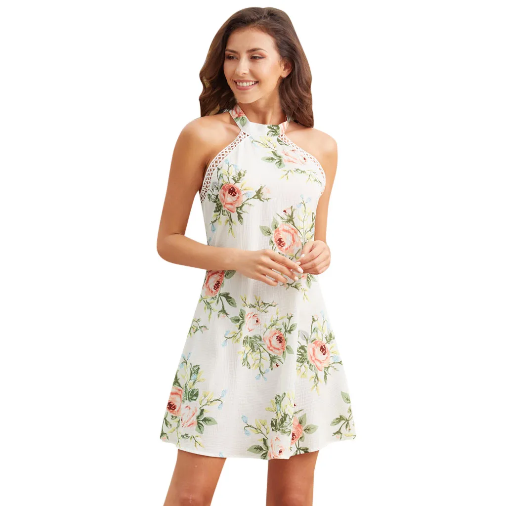 

Women Boho Print Dress Halter Hollow Out Splice Sleeveless Holiday Mini Dress Strap Backless thin section vogue floral jurken
