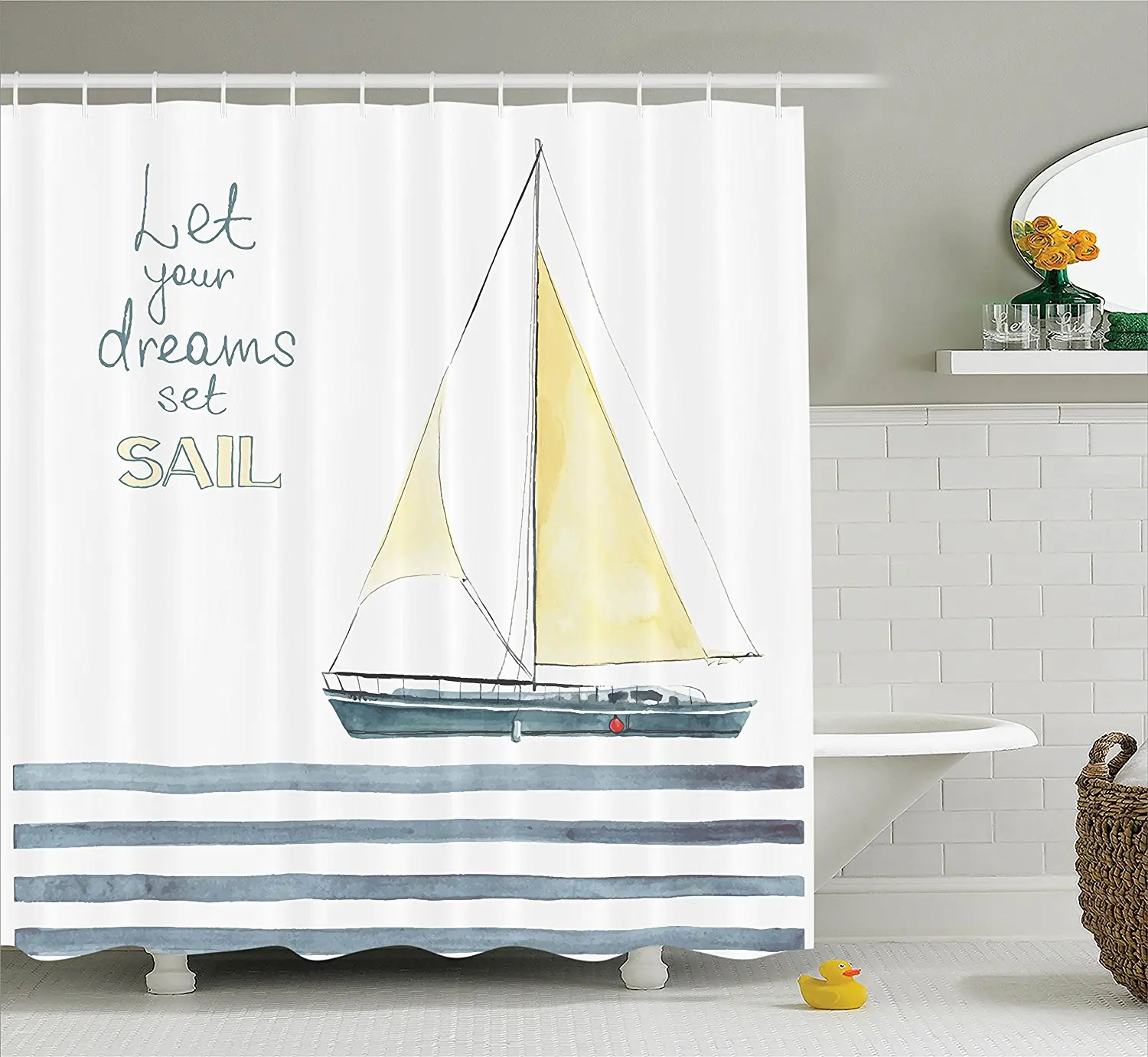 Us 16 01 40 Off Sailboat Nautical Decor Shower Curtain Quote Stripes Yacht Interior Navigation Bathroom Accessories Petrol Blue Yellow White In