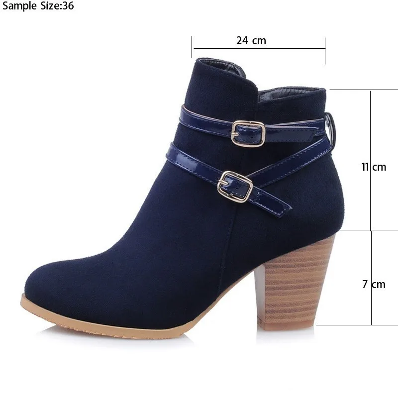 Женские ботильоны из флока на высоком каблуке; сезон осень-зима; женская обувь на каблуке; модная женская обувь с пряжкой; цвет черный, красный, синий; обувь на молнии с круглым носком; A249