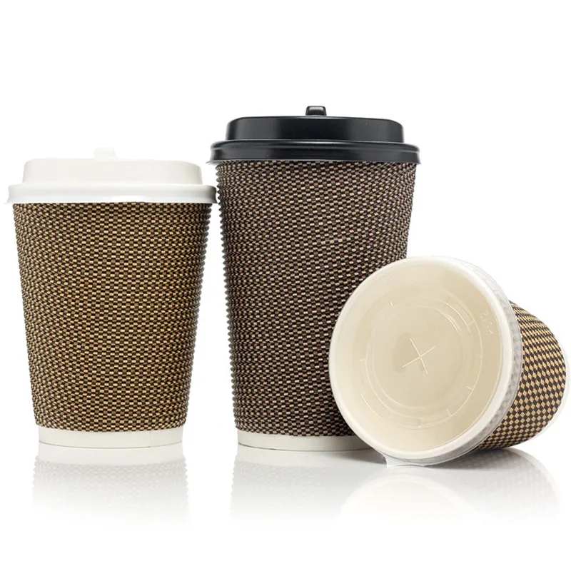 50PCS/Lot Disposable Black Thicken Paper Coffee Cup With Lid 12OZ Event