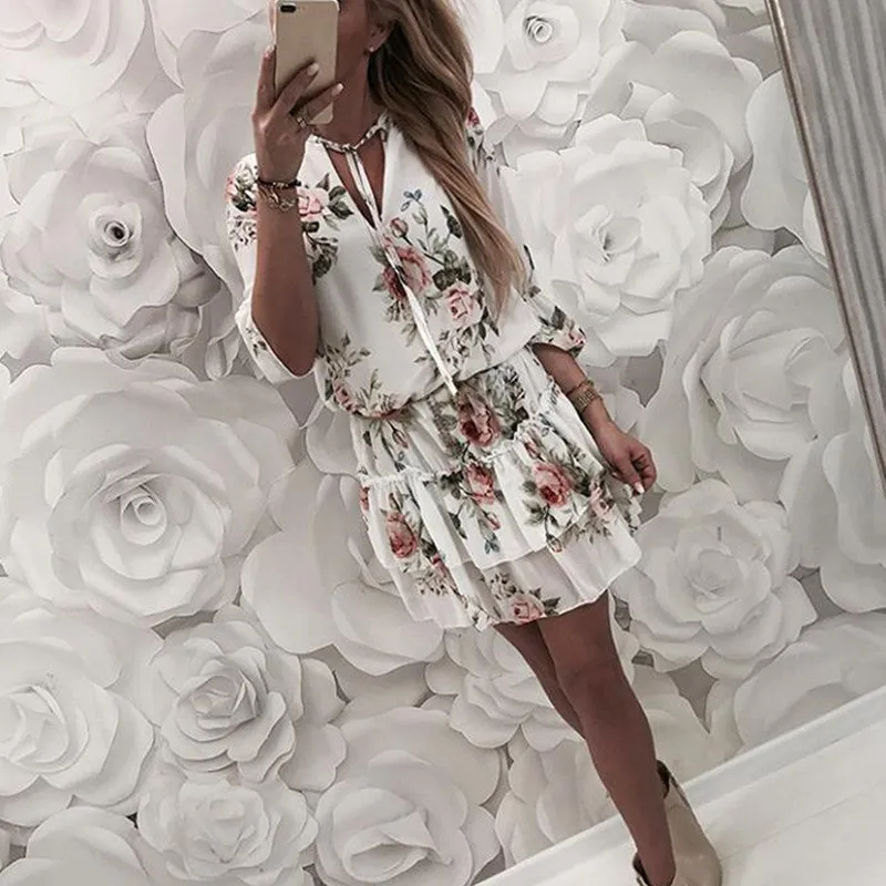 

Women Sexy V-neck Lace Up Floral Print Dress Summer Half Sleeve Cascading Ruffle A-line Dress Beach Mini Dresses