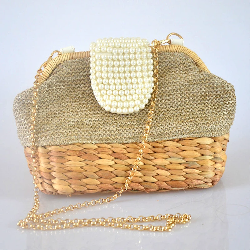 

2018 New Women Straw Shoulder Bag Chain Pearl Crossbody Bag Girls Messenger Bag Summer Beach Bag Dropshipping