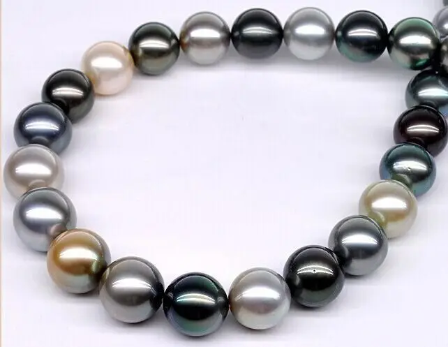 

18"10-11mm Natural Tahitian genuine white gold black gray round pearl necklace